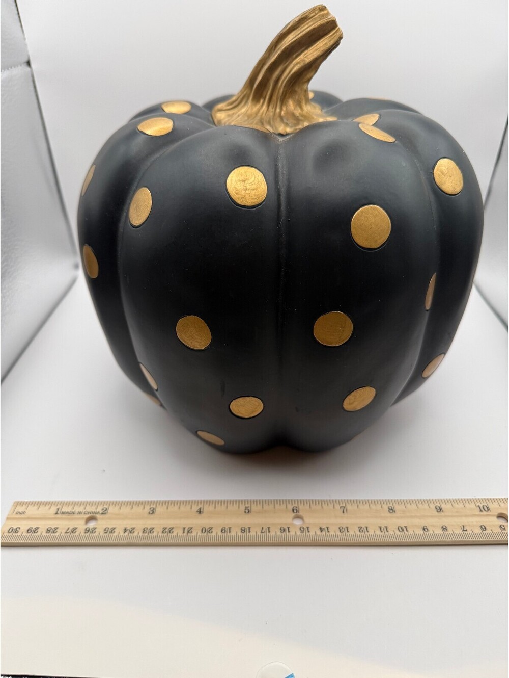Large Black Gold Polka Dot Decorative Pumpkin Resin Fall Halloween Decor 10"